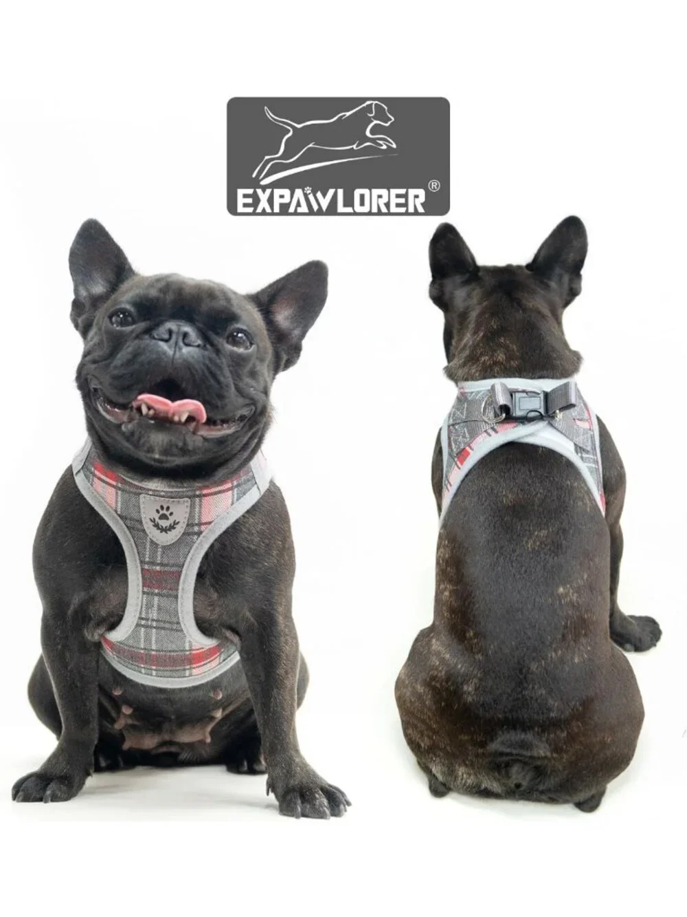 Soft Padded Plaid Dog Harness & Leash Set - No Pull, Reflective, AirTag Holder